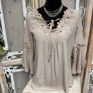 Skully Western Tan Women's Top with Floral Accents